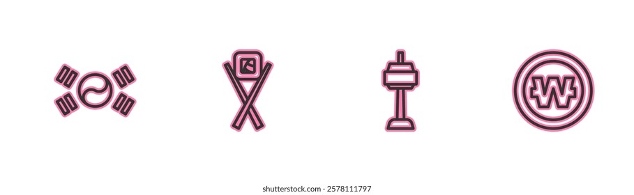 Set line South Korea flag, N Seoul tower in, Sushi with chopsticks and Korean won coin icon. Vector