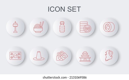 Set line South Korea map, flag, Korean lantern, temple, N Seoul tower in, Asian noodles bowl, hat and Lock with heart icon. Vector