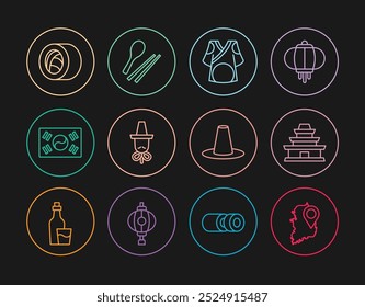 Set line South Korea map, Korean temple, Kimono, hat, flag, Sushi,  and Food chopsticks icon. Vector