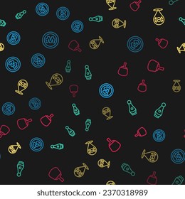 Set line South Korean won coin, Soju bottle, Location and hand fan on seamless pattern. Vector