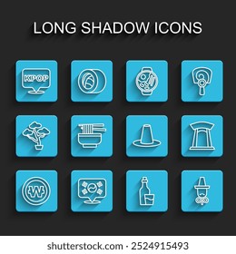 Set line South Korean won coin, Location, K-pop, Soju bottle, hat, Ramen, gate and  icon. Vector