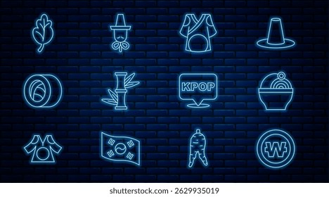 Set line South Korean won coin, Ramen, Kimono, Bamboo, Sushi, Kimchi, K-pop and hat icon. Vector