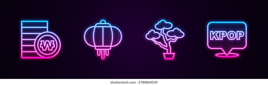 Установите линию южнокорейский выиграл монеты, фонарь, дерево Bonsai и K-pop. Светящийся неоновый значок. Вектор