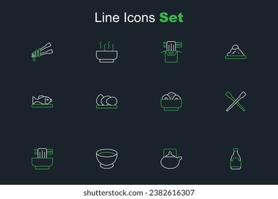 Set line Soy sauce bottle, Traditional tea ceremony, in bowl, Asian noodles, Food chopsticks, Chow mein plate, Chicken egg and Served fish icon. Vector