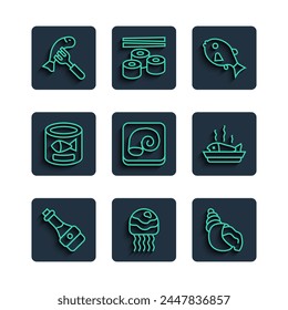 Set line Soy sauce bottle, Jellyfish, Scallop sea shell, Tropical, Octopus on plate, Canned, Served and  icon. Vector