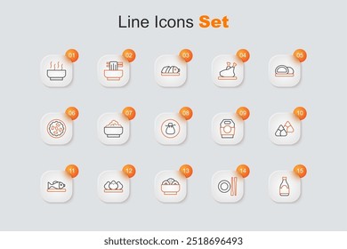 Set line Soy sauce bottle, Food chopsticks with plate, Chow mein on, Dumpling, Served fish, Zongzi bamboo steamer, Asian noodles paper box and Wonton icon. Vector