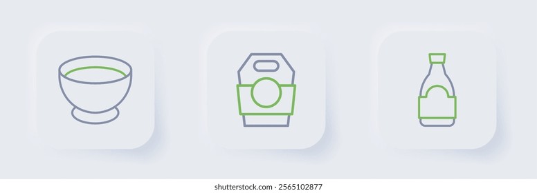 Set line Soy sauce bottle, Asian noodles in paper box and bowl icon. Vector