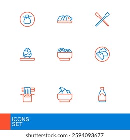 Set line Soy sauce bottle, Rice with fish in bowl, Asian noodles paper box, Dumpling, Chinese tea egg, Food chopsticks and Fish sliced pieces icon. Vector