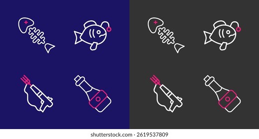 Set line Soy sauce bottle, Fishing harpoon, Tropical fish and skeleton icon. Vector