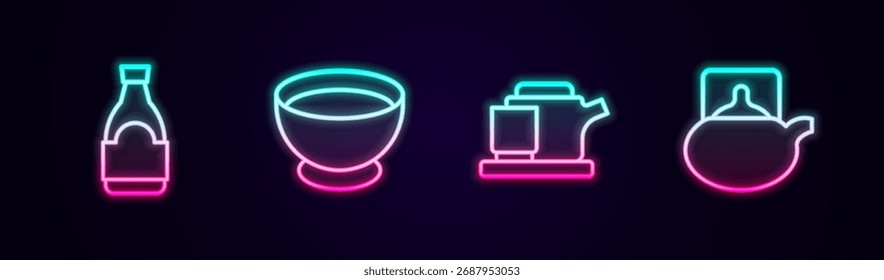 Set line Soy sauce bottle, in bowl, Traditional tea ceremony and . Glowing neon icon. Vector