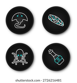 Set line Soy sauce bottle, Octopus, Fish steak and Stingray icon. Vector