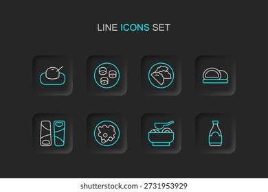 Set line Botella de salsa de soja, cuenco de sopa de Ramen, arroz en guotie, sushi, bolas de masa y Mochi icono. Vector