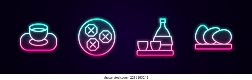 Set line Soy sauce in bowl, Wonton, Bottle of sake and Chicken egg. Glowing neon icon. Vector