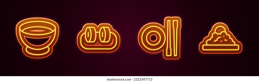 Set line Soy sauce in bowl, Sushi, Food chopsticks with plate and Rice. Glowing neon icon. Vector