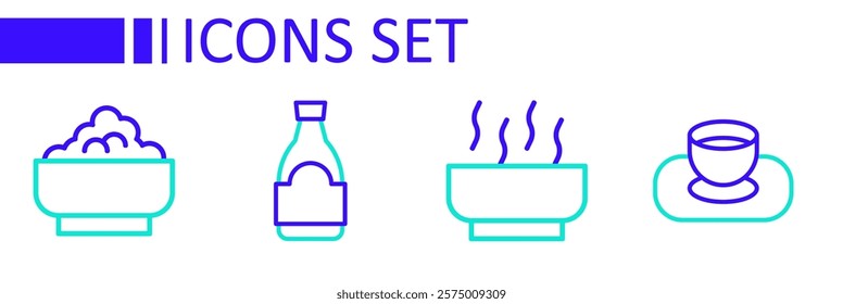 Set line Soy sauce in bowl, Ramen soup, bottle and Rice icon. Vector