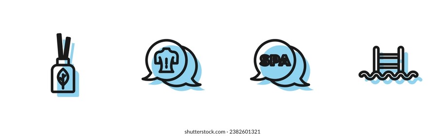 Set line Spa salon, Aroma diffuser, Massage and Swimming pool with ladder icon. Vector