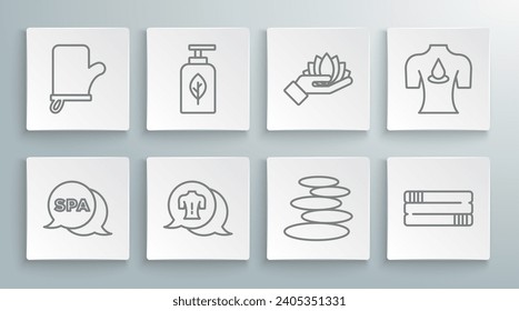 Set line Spa salon, Essential oil bottle, Massage, Stack hot stones, Towel stack, Lotus flower, with aroma oils and Sauna mittens icon. Vector