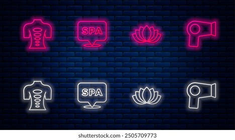 Set line Spa salon, Lotus flower, Massage stone therapy and Hair dryer. Glowing neon icon on brick wall. Vector