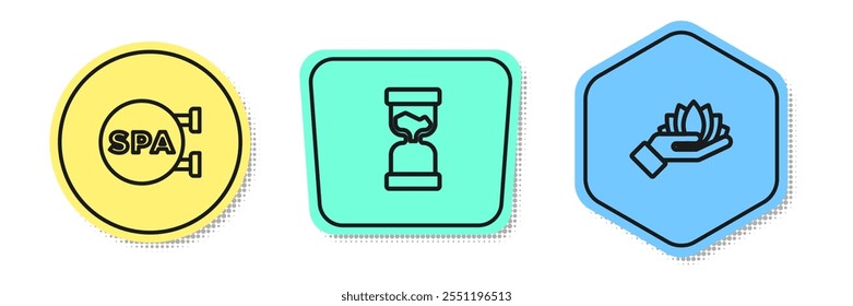Set line Spa salon, Old hourglass and Lotus flower. Colored shapes. Vector