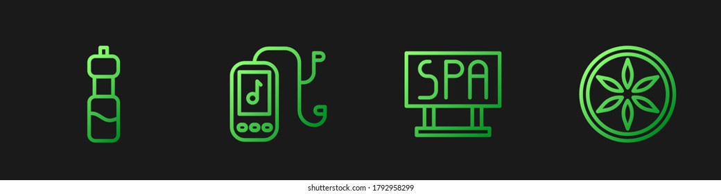 Set line Spa salon signboard, Bottle of water, Music player and Leaf plant nature. Gradient color icons. Vector