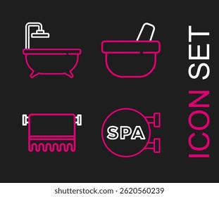 Set line Spa salon, Towel hanger, Mortar and pestle and Bathtub icon. Vector