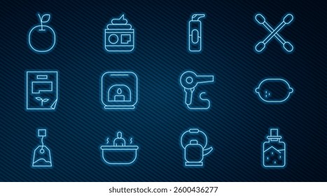 Set line Spa salt, Lemon, Spray can for hairspray, Aroma lamp, Leaf document, Apple, Hair dryer and Cream lotion cosmetic tube icon. Vector