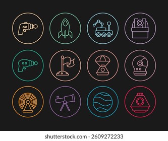 Set line Space capsule, Astronaut helmet, Mars rover, Moon with flag, Ray gun,  and Rocket ship icon. Vector