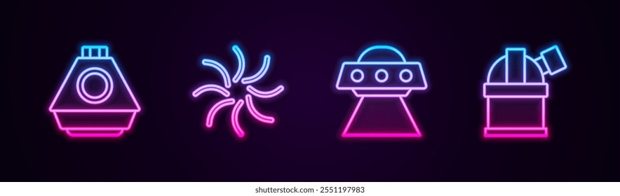 Set line Space capsule, Black hole, UFO flying spaceship and Astronomical observatory. Glowing neon icon. Vector