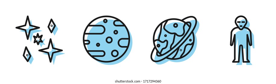 Set line Space capsule and parachute, Planet, Satellite dish and Alien icon. Vector