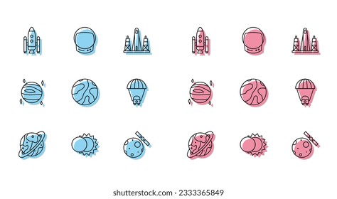 Set line Space capsule and parachute, Eclipse of the sun, shuttle rockets, Satellites orbiting planet Earth, Falling stars, Planet Saturn, Venus and Astronaut helmet icon. Vector