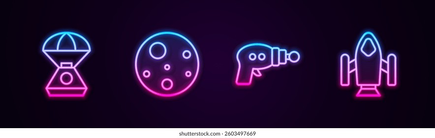 Set line Space capsule, Planet Mars, Ray gun and Rocket ship. Glowing neon icon. Vector