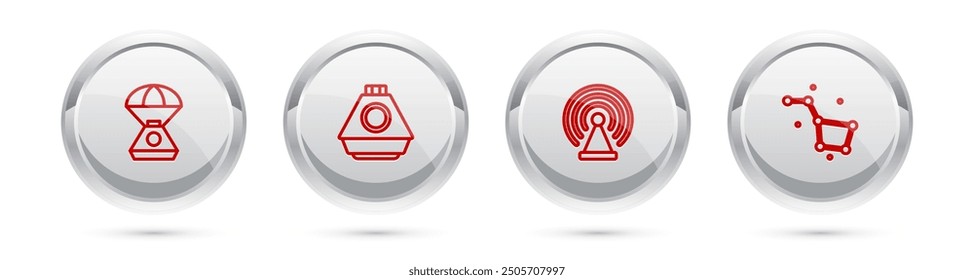 Set line Space capsule, , Radar and Great Bear constellation. Silver circle button. Vector