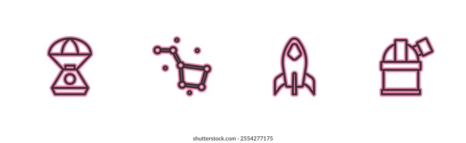 Set line Space capsule, Rocket ship, Great Bear constellation and Astronomical observatory icon. Vector