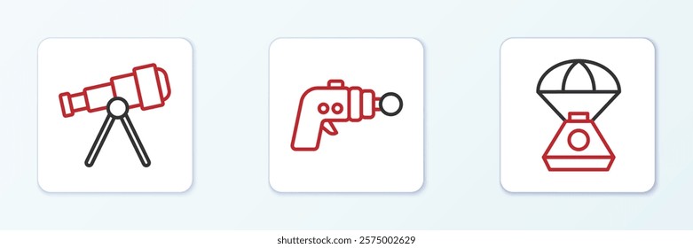 Set line Space capsule, Telescope and Ray gun icon. Vector