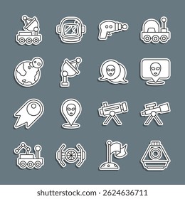 Cápsula espacial, telescopio, alienígena, pistola de rayos, antena parabólica, globo terráqueo, rover de Marte e icono. Vector