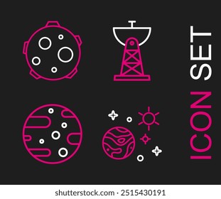 Set line Space and planet, Satellite dish,  and UFO abducts cow icon. Vector