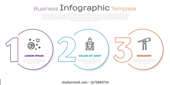 Set line Space and planet, Space shuttle and rockets and Telescope. Business infographic template. Vector