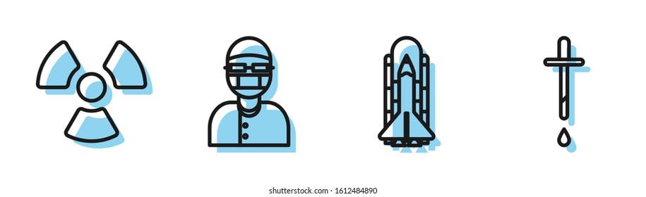 Set line Space shuttle and rockets, Radioactive, Assistant and Pipette icon. Vector
