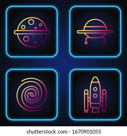 Set line Space shuttle and rockets, Black hole, Planet Venus and UFO flying spaceship. Gradient color icons. Vector