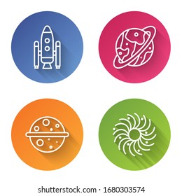Set line Space shuttle and rockets, Space capsule and parachute, Planet Venus and Black hole. Color circle button. Vector