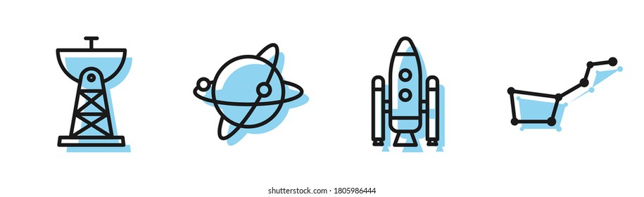 Set line Space Shuttle und Raketen, Satelliten-Schüssel, Satelliten um den Planeten Erde und Great Bären Konstellation Symbol. Vektorgrafik