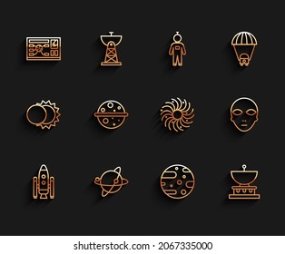 Set line Space shuttle and rockets, Satellites orbiting the planet Earth, Futuristic hud interface, dish, Planet Saturn, Venus, Alien and Black hole icon. Vector