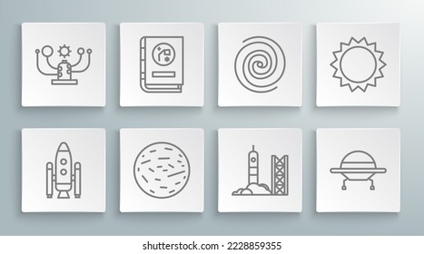 Set line Space shuttle and rockets, Book by astronomy, Planet Mars, Rocket launch from the spaceport, UFO flying spaceship, Black hole, Sun and Solar system icon. Vector