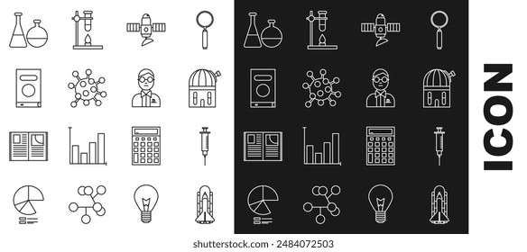 Set line Space Shuttle und Raketen, Spritze, Astronomisches Observatorium, Satellit, Bakterien, Buch, Reagenzglas Chemielabor und Wissenschaftler-Symbol. Vektorgrafik