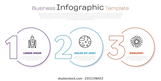 Set line Space shuttle and rockets, Satellite dish and Black hole. Business infographic template. Vector