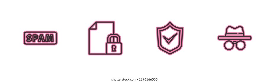 Ajuste la línea Spam, Escudo con marca de verificación, Documento y bloqueo e icono de modo Incognito. Vector
