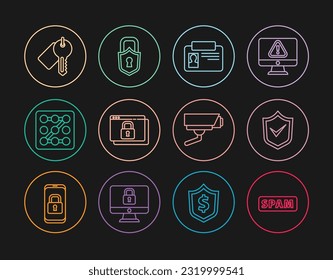 Set line Spam, Shield with check mark, Identification badge, Secure your site HTTPS, SSL, Graphic password protection, Marked key, Security camera and Lock icon. Vector