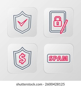 Set line Spam, Shield with dollar, Tablet closed padlock and check mark icon. Vector