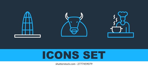 Set line Spanish cook, Agbar tower and Bull icon. Vector