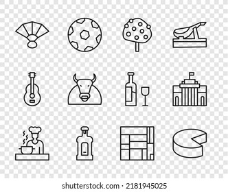 Set line Spanish cook, Cheese, Orange tree, Orujo, Fan flamenco, Bull, House Edificio Mirador and Prado museum icon. Vector